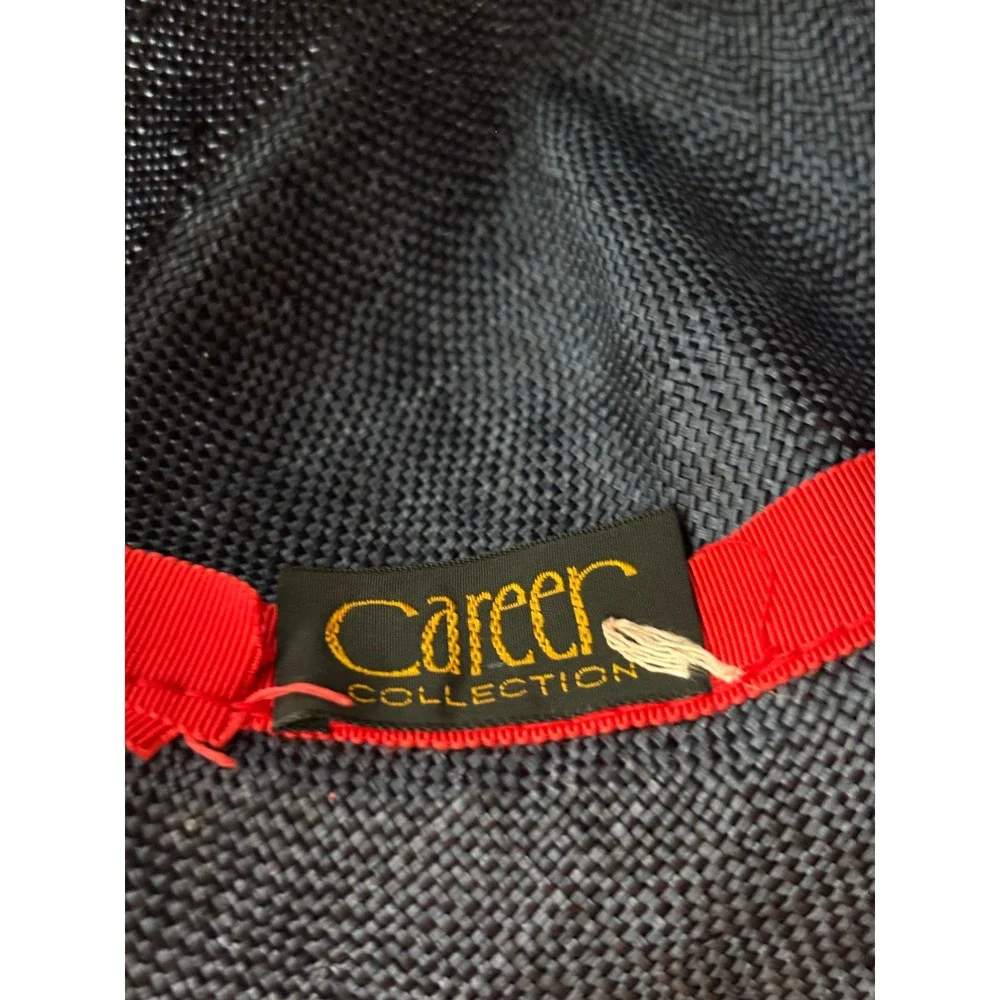 Career Collection Navy Blue Wide Brim Sun Hat Red Rose Accent Straw Style Hat